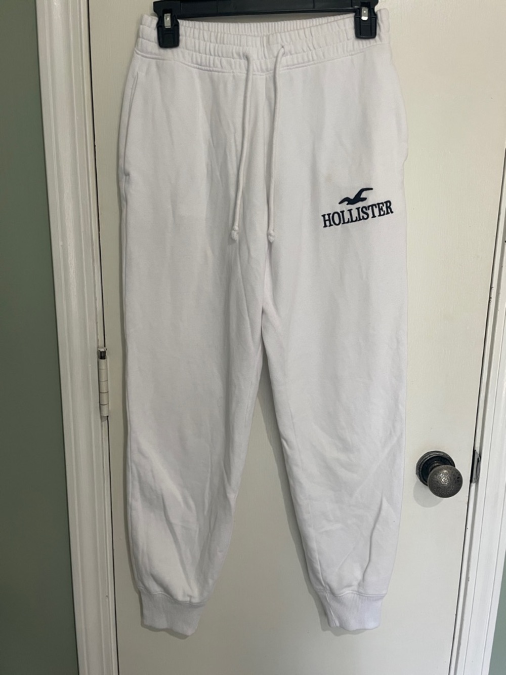 Hollister White Sweat Joggers with Navy Logo